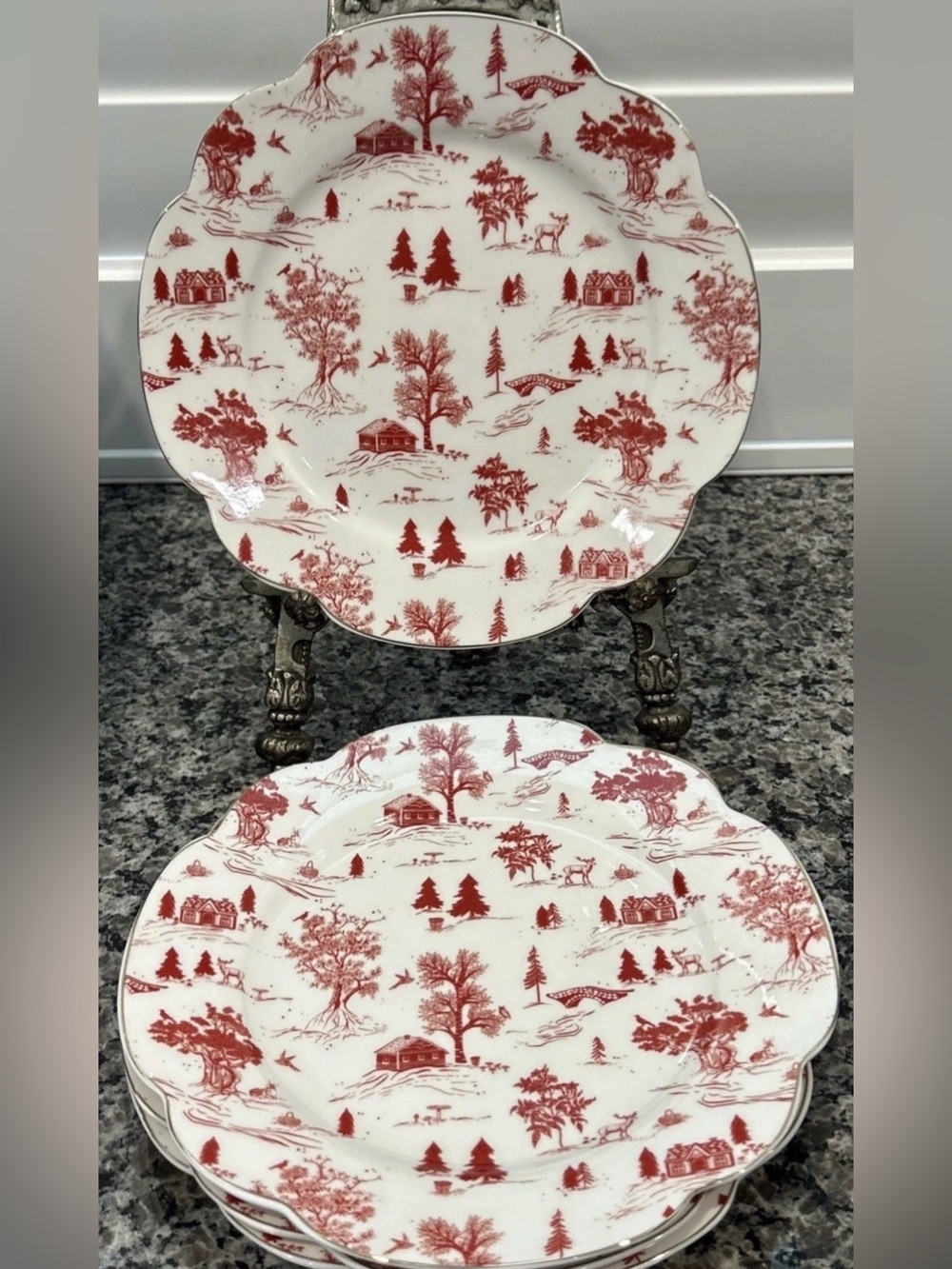 Monterey Bay Winter Village 4pc Red 9.25" Salad Plate Toile Scalloped Gold Trim